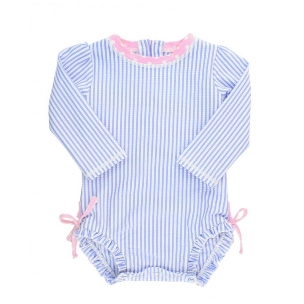 RuffleButts | Baby Girls Swimsuit | Blue/White Seersucker | Size 6-12 Months